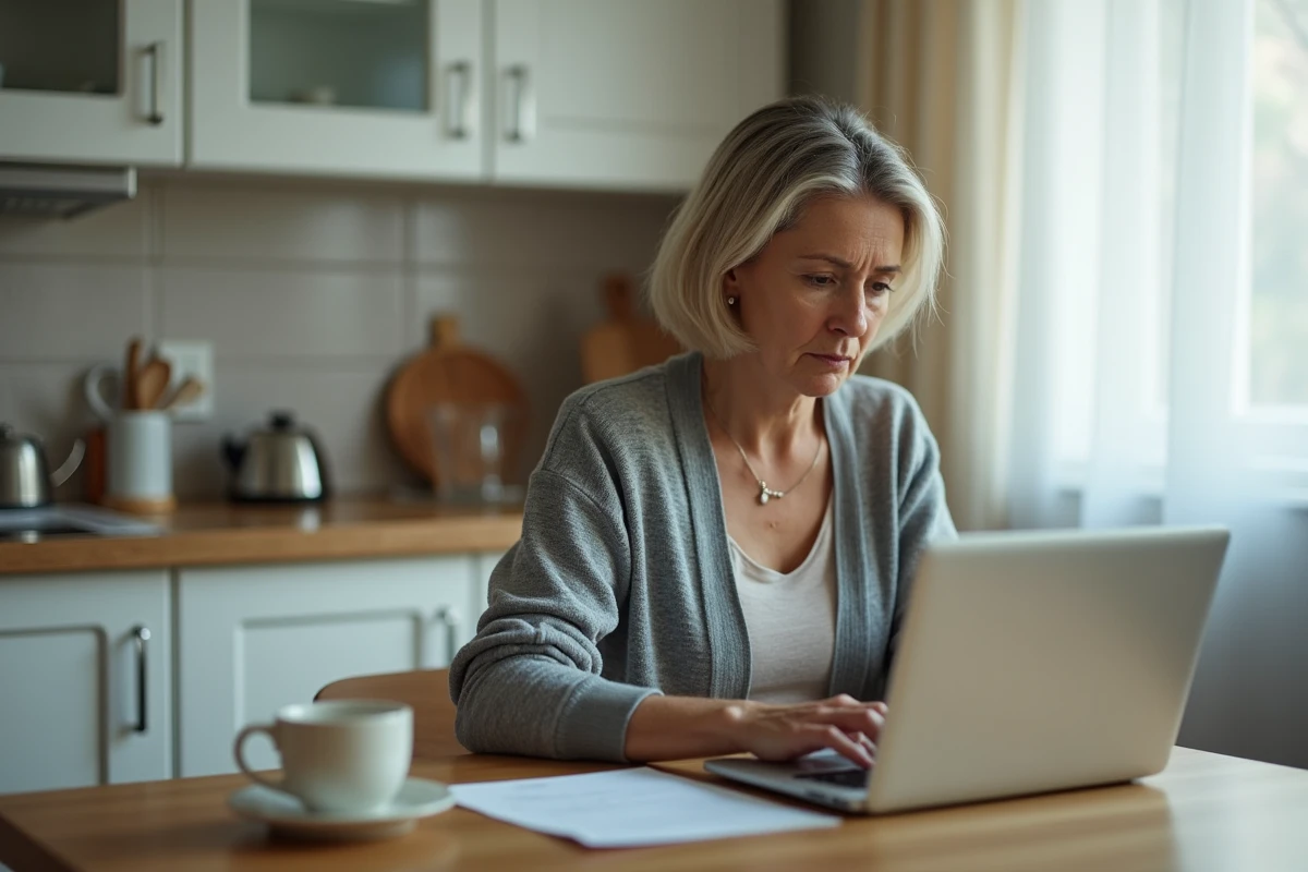 Femme seule consultant une procédure de divorce en ligne sur son ordinateur portable dans une cuisine