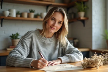Femme écrivant un texte d'anniversaire sur une carte de vœux à la table de cuisine