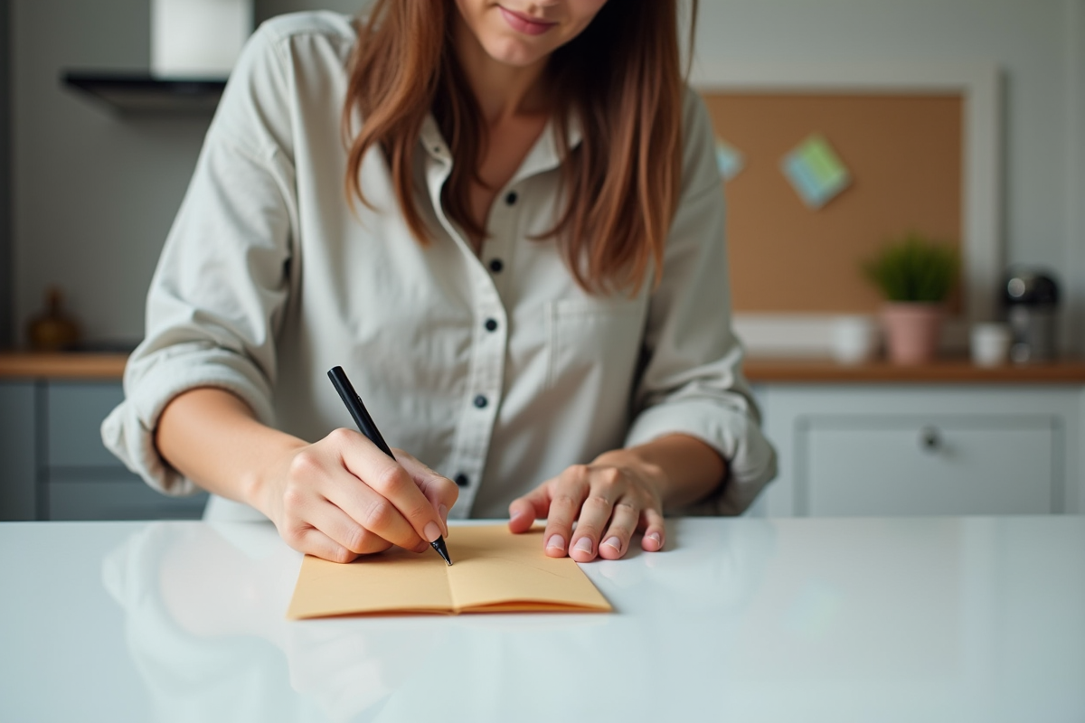 Femme écrivant une adresse sur une enveloppe dans une cuisine moderne