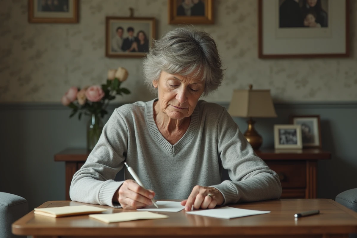 Femme écrivant une lettre dans un salon calme et intime