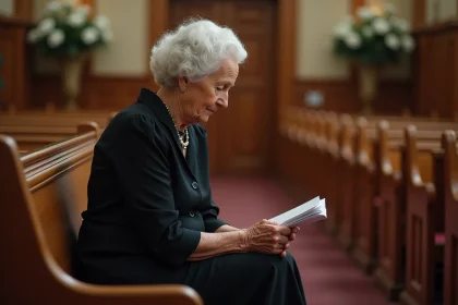 Femme âgée en robe élégante dans une chapelle paisible
