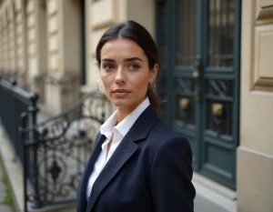 Portrait éditorial d'une femme élégante devant un immeuble parisien, illustrant la vie privée d'une personnalité médiatique