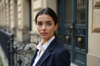 Portrait éditorial d'une femme élégante devant un immeuble parisien, illustrant la vie privée d'une personnalité médiatique