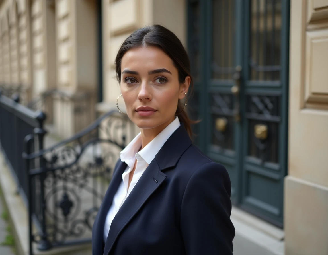 Portrait éditorial d'une femme élégante devant un immeuble parisien, illustrant la vie privée d'une personnalité médiatique