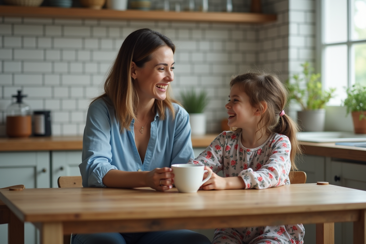 Femme et fille rient dans la cuisine chaleureuse