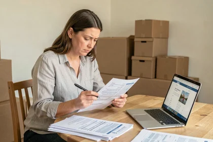 Femme consultant des formulaires fiscaux lors d'un déménagement avec des cartons en arrière-plan