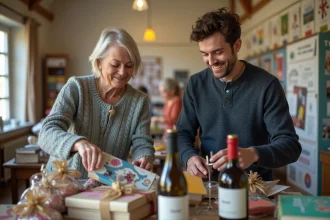 Femme et jeune homme triant des lots de tombola dans une salle lumineuse