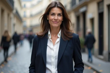 Femme journaliste française élégante et discrète dans une rue parisienne, illustrant le mystère de la vie privée