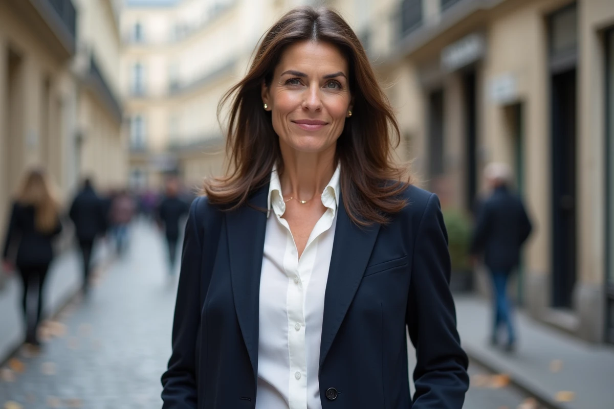 Femme journaliste française élégante et discrète dans une rue parisienne, illustrant le mystère de la vie privée