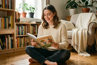 Jeune femme lisant un livre de comptines illustré dans un salon chaleureux et cosy