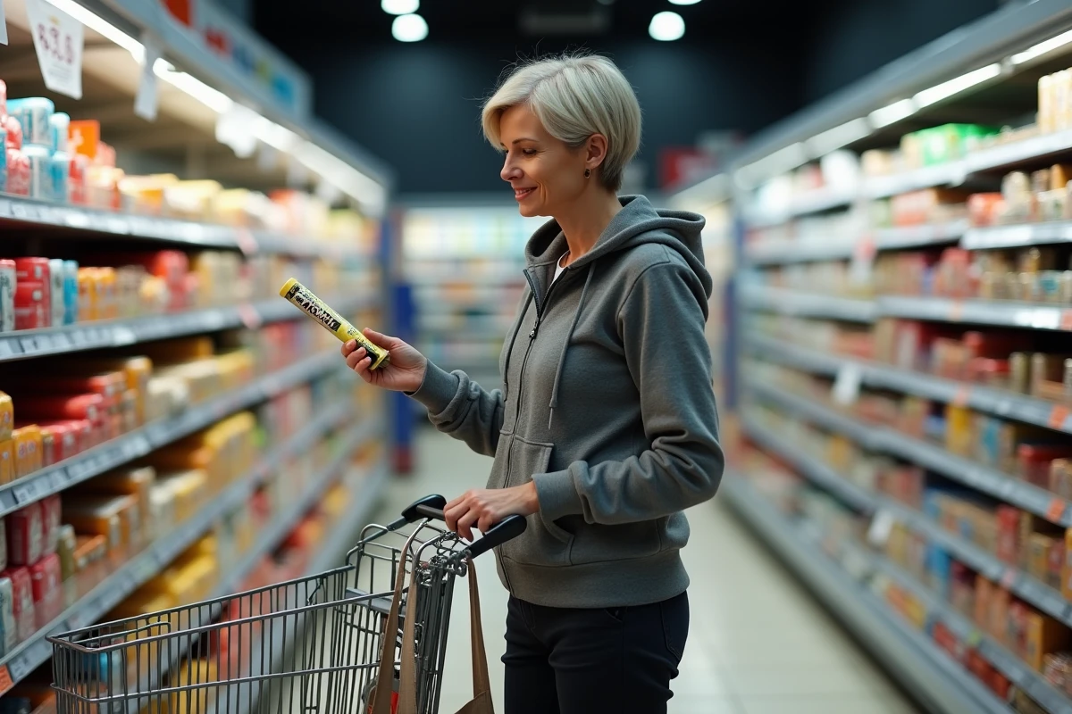 Femme monoparentale comparant des produits dans un supermarché pour optimiser son budget courses