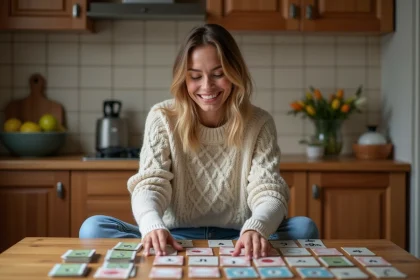 Femme souriante organise cartes Bonne Paye à la maison