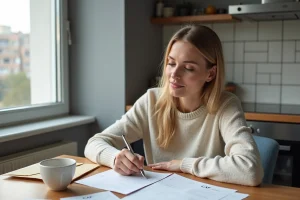 Femme remplissant des papiers dans une cuisine moderne