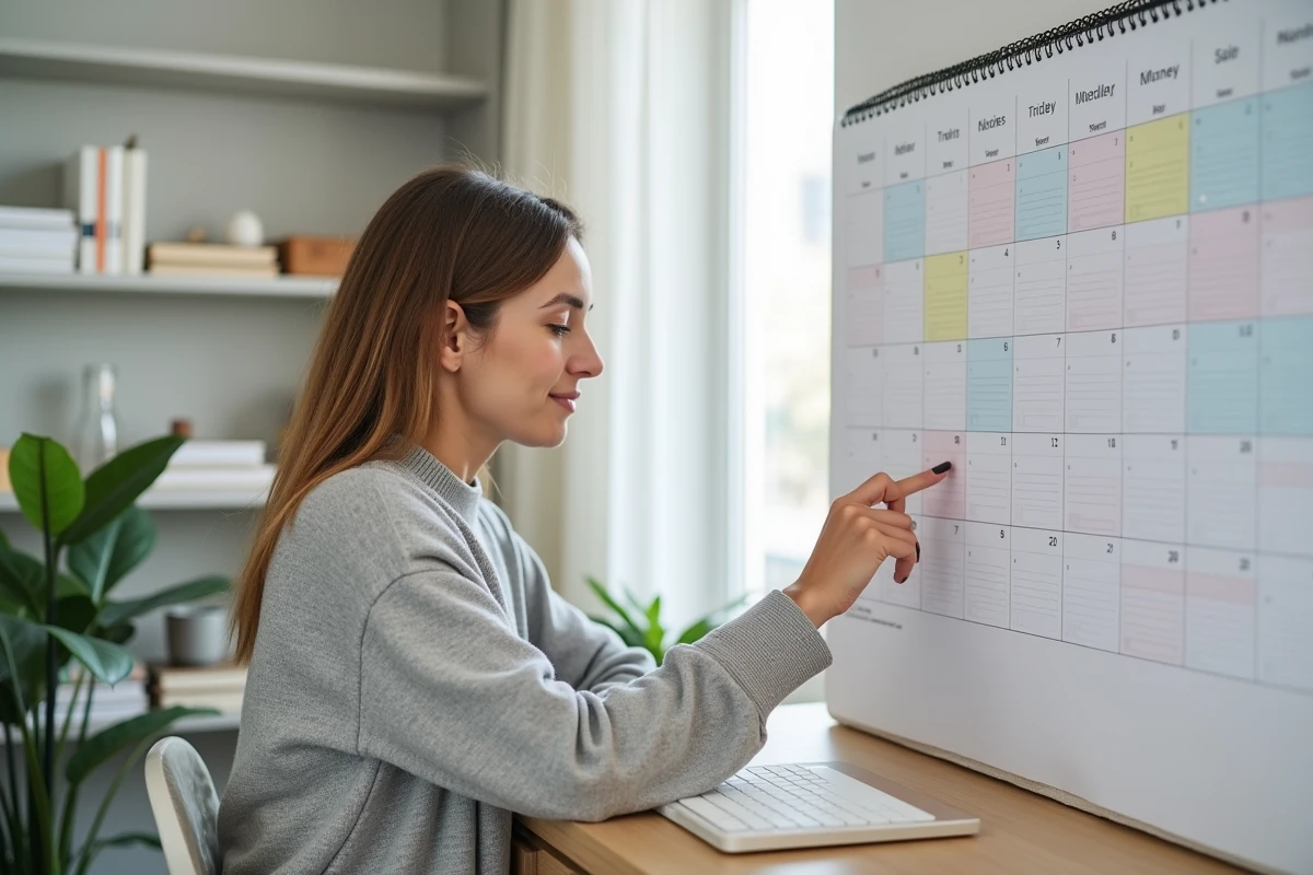 Femme organisant son planning annuel 2026 avec un calendrier semaines paires et impaires affiché au mur