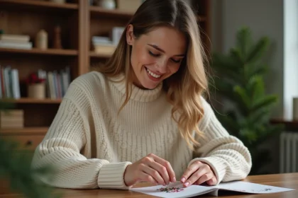 Femme pliant une carte de Noël imprimée en deux à son bureau décoré de branches de sapin