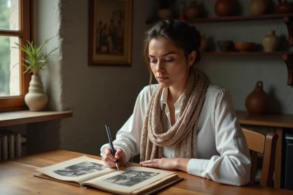 Femme regardant des photos de famille dans une cuisine chaleureuse