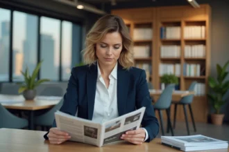 Femme professionnelle lisant un abonnement magazine business à son bureau dans un bureau moderne