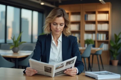 Femme professionnelle lisant un abonnement magazine business à son bureau dans un bureau moderne