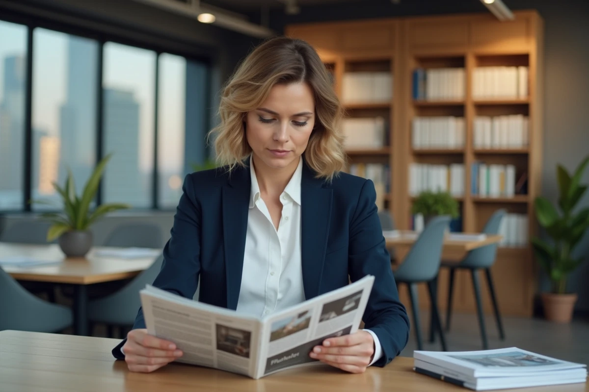 Femme professionnelle lisant un abonnement magazine business à son bureau dans un bureau moderne