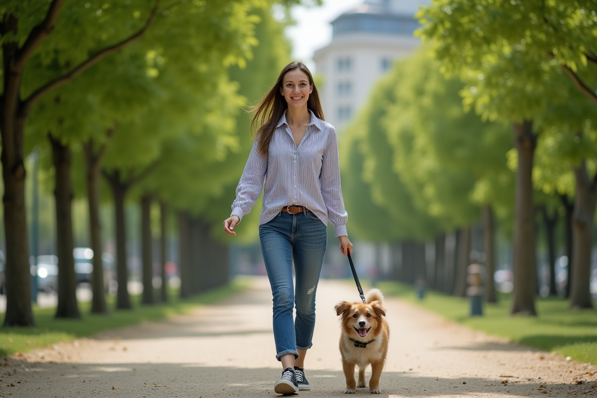 Femme souriante promenant son chien dans un parc urbain