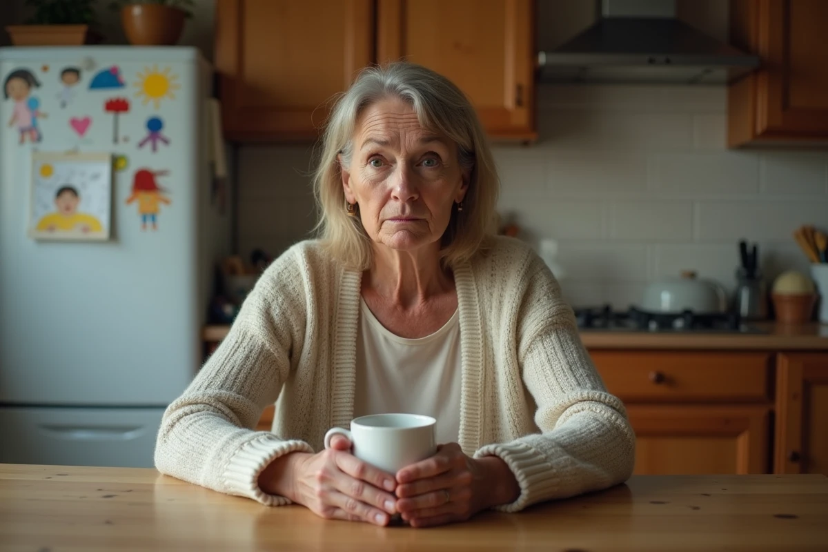 Femme d'âge moyen pensant à la maison avec tasse de café