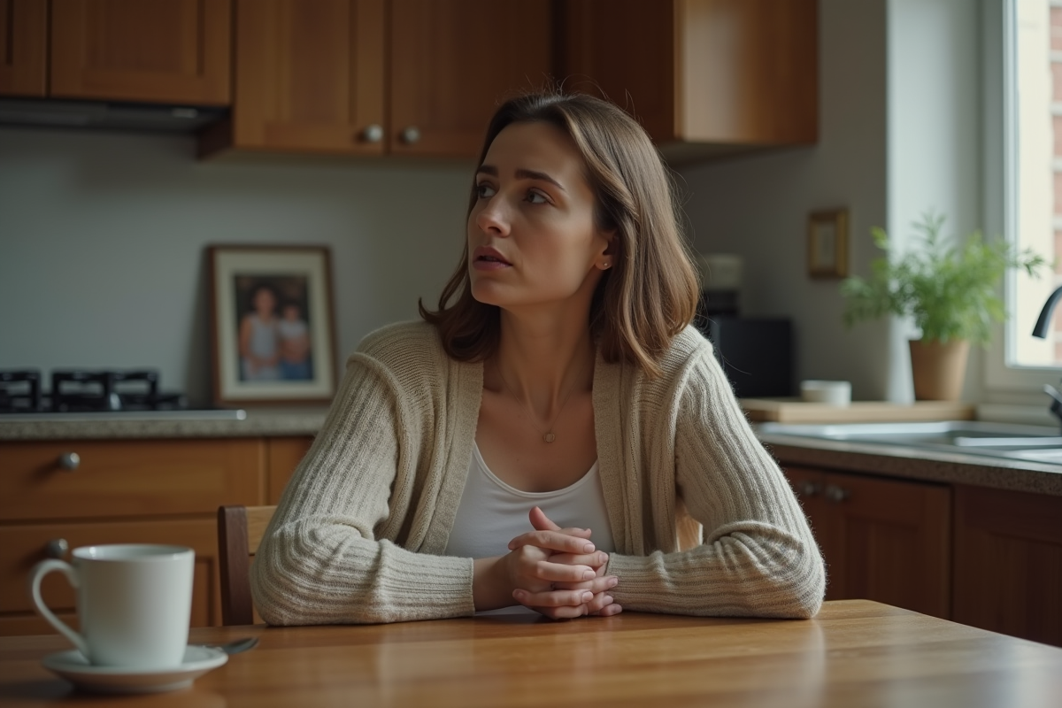 Femme assise seule à la cuisine avec expression inquiète