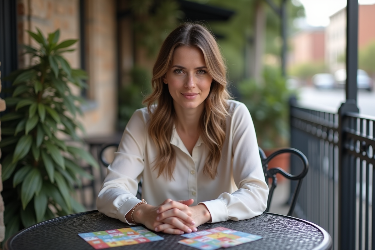 Femme seule réfléchissant à un jeu de découverte sur une terrasse urbaine