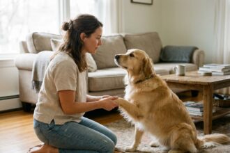 Femme examinant la patte de son golden retriever dans un salon chaleureux, soin animal à domicile