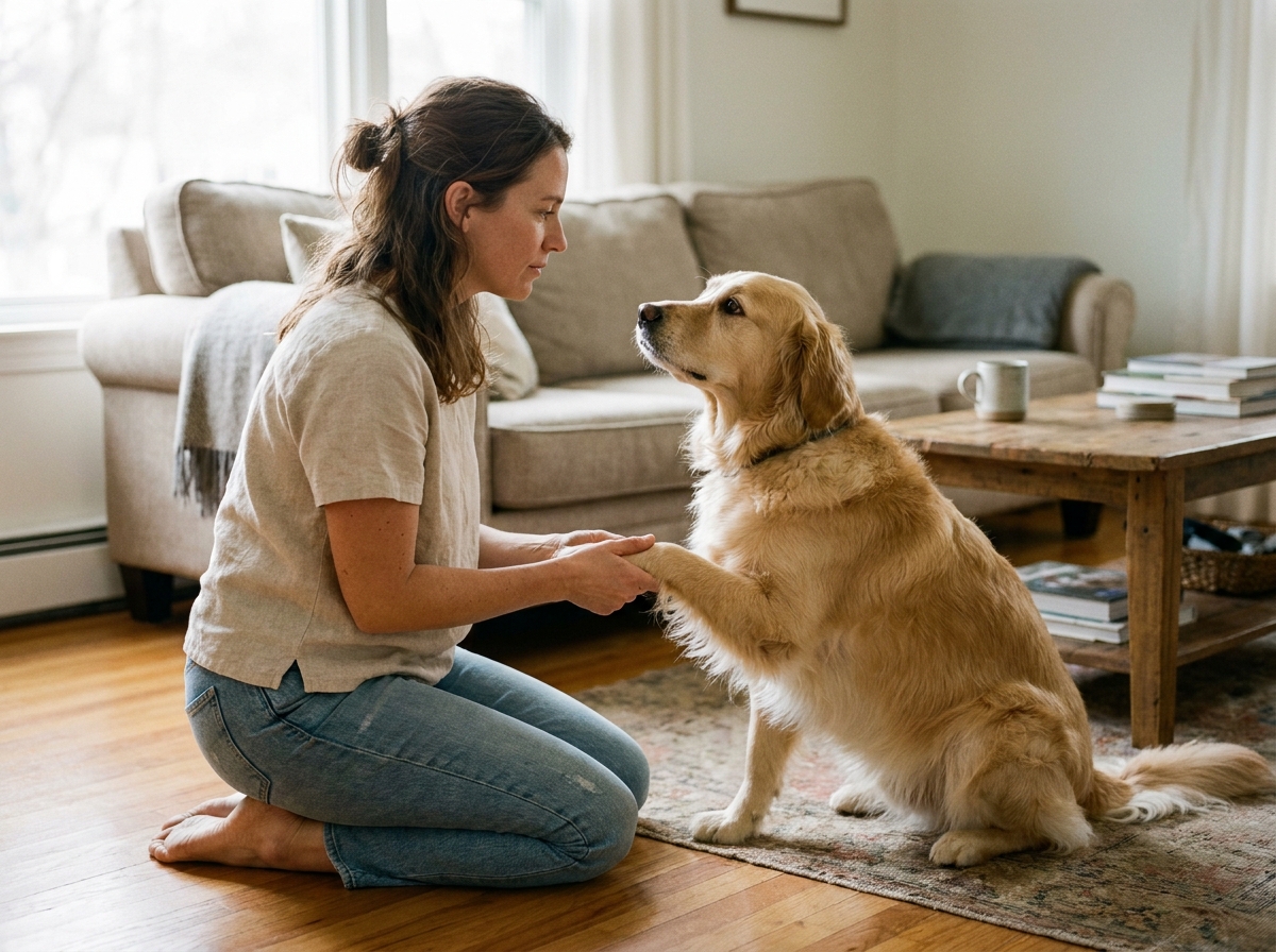 Femme examinant la patte de son golden retriever dans un salon chaleureux, soin animal à domicile