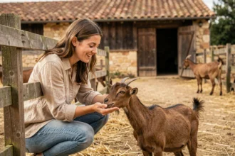 Jeune femme nourrissant une chèvre dans une ferme pédagogique en Occitanie, ambiance authentique et chaleureuse
