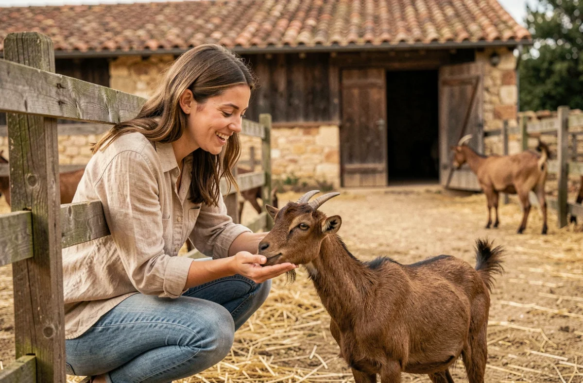 Jeune femme nourrissant une chèvre dans une ferme pédagogique en Occitanie, ambiance authentique et chaleureuse