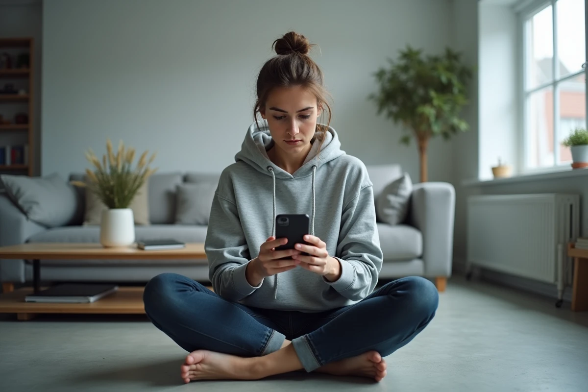 Jeune femme adulte dans son appartement moderne, absorbée par son téléphone, illustrant la distance émotionnelle avec sa mère