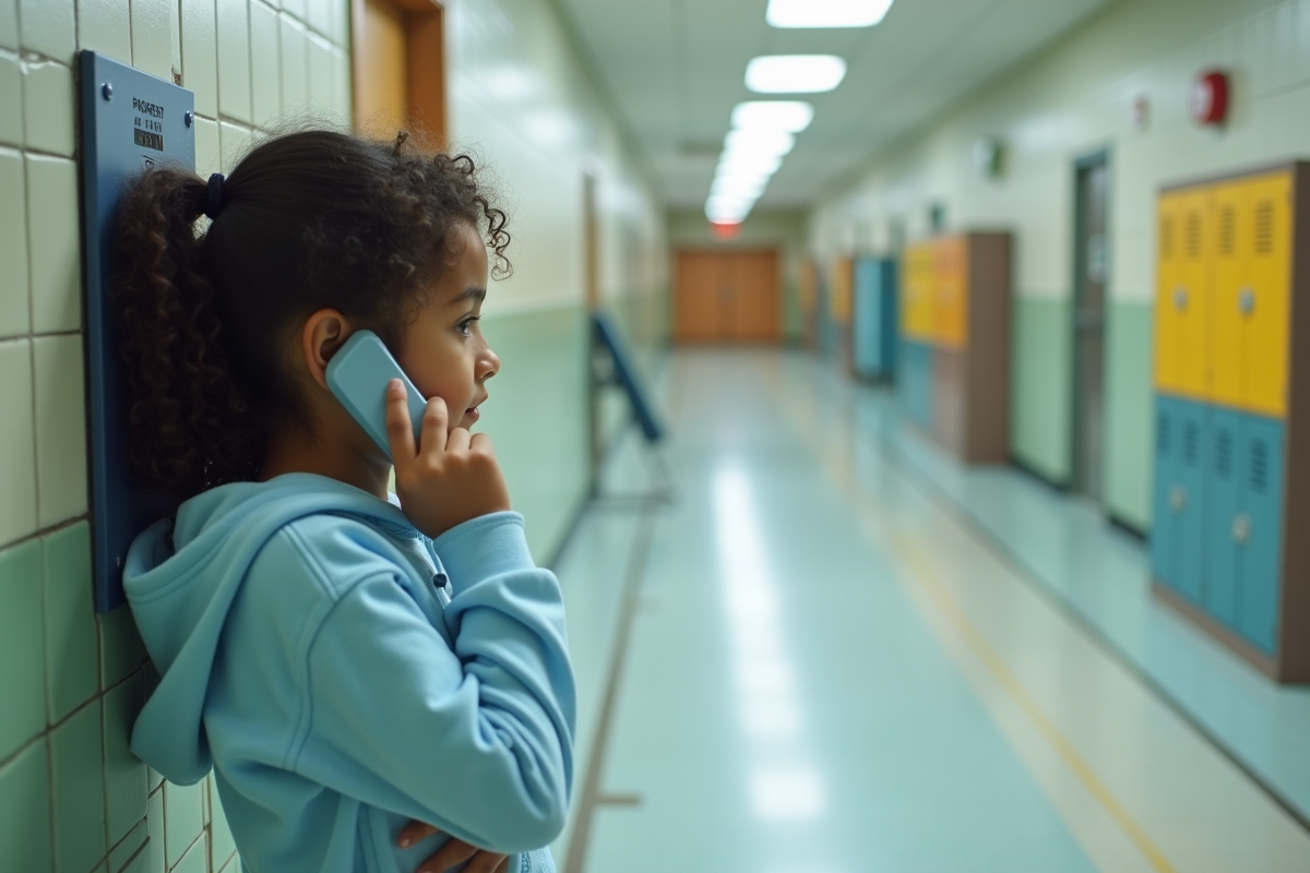 Fille de 10 ans déterminée au téléphone dans le couloir