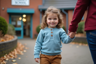 Jeune fille de 4 ans à l'entrée de l'école primaire