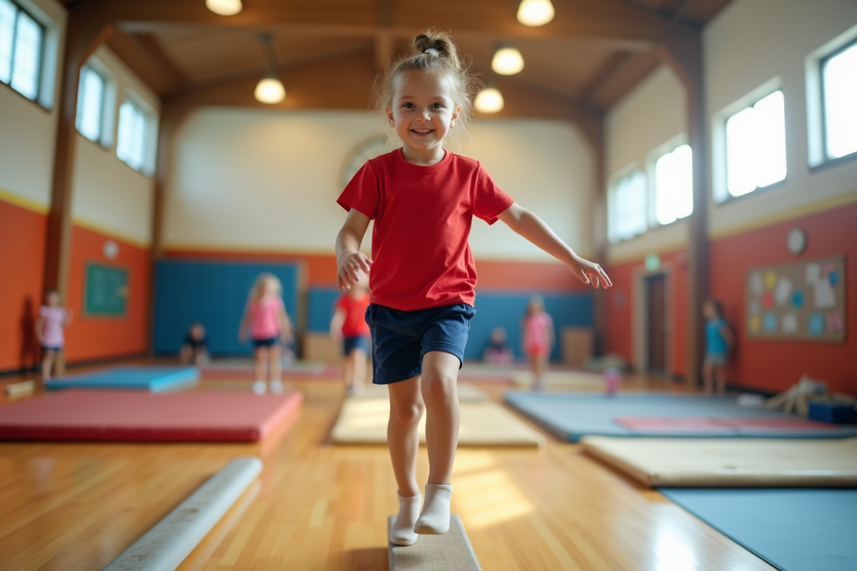 Jeune fille en équilibre sur une poutre de gym intérieure