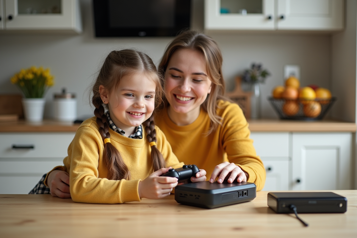 Fille de 7 ans souriante jouant avec sa mère à la cuisine