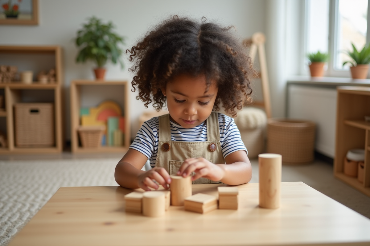 Jeune fille Montessori concentrée sur des blocs en bois