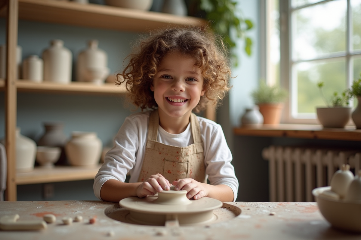 Jeune fille souriante sculptant de la pâte à la roue de poterie