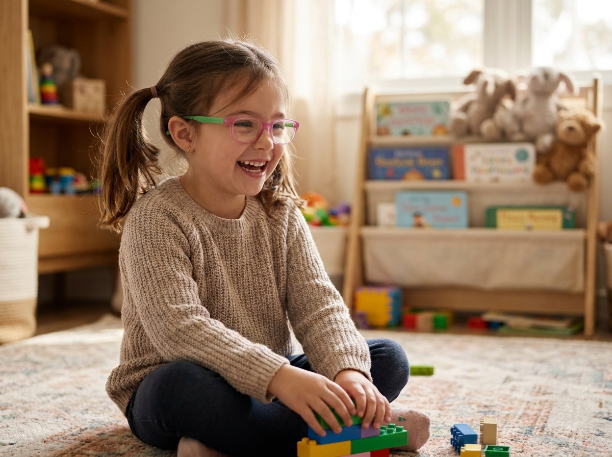 Fillette portant des lunettes flexibles roses jouant avec des cubes en bois dans un salon familial chaleureux