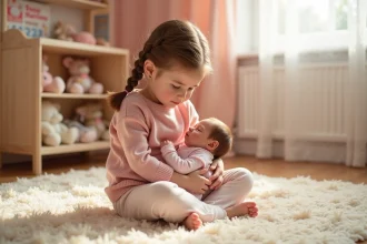Petite fille tenant délicatement une poupée bébé reborn en silicone dans sa chambre pastel