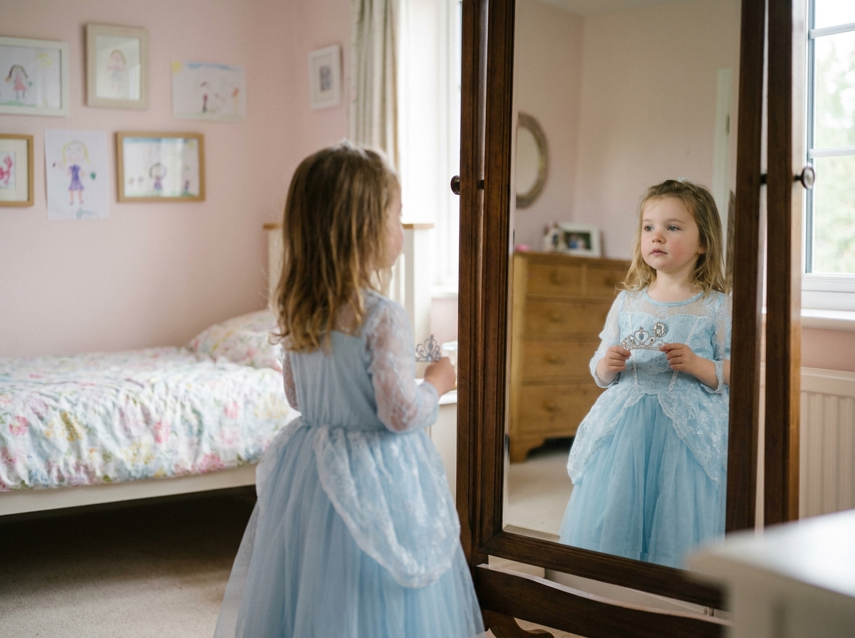 Petite fille en robe de princesse bleue se regardant dans un miroir de chambre