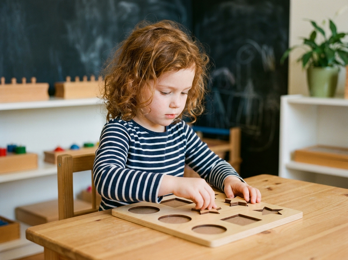 Fillette assemblant un puzzle en bois géométrique dans une salle de classe montessori
