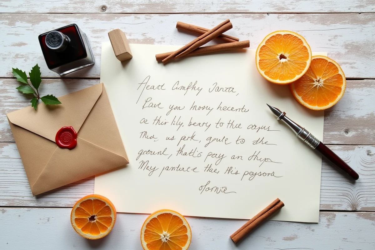 Vue de dessus d'un ensemble de lettres au Père Noël manuscrites avec plume, cire à cacheter et décorations de Noël vintage