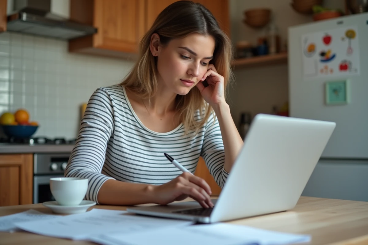 Mère remplissant un formulaire CAF pour une demande de temps partiel à 80% après congé maternité depuis son domicile
