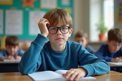 Garçon de 10 ans en classe avec livre et main levée