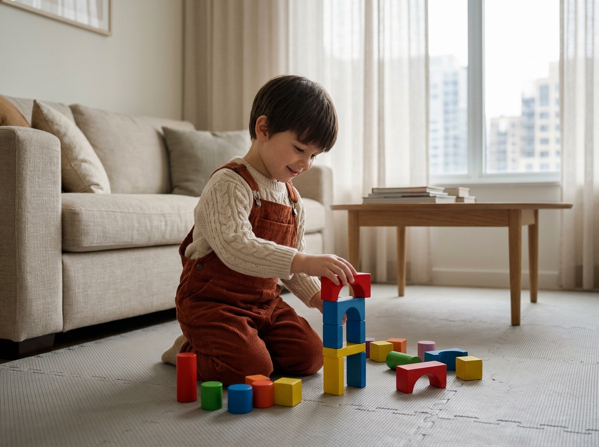 Petit garçon empilant des blocs en bois colorés sur un tapis de jeu dans un salon cosy