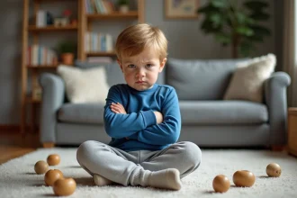 Garçon de deux ans en sweat bleu dans un salon cosy