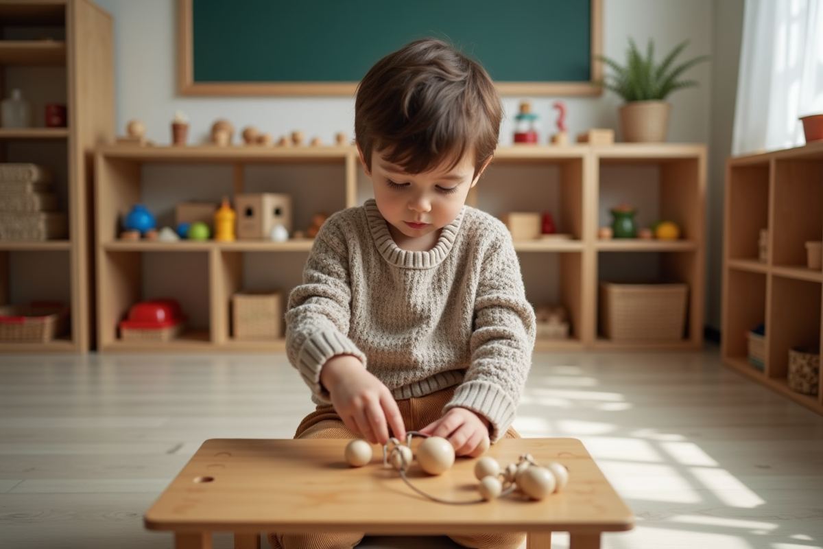 Jeune garçon concentré avec perles en classe Montessori