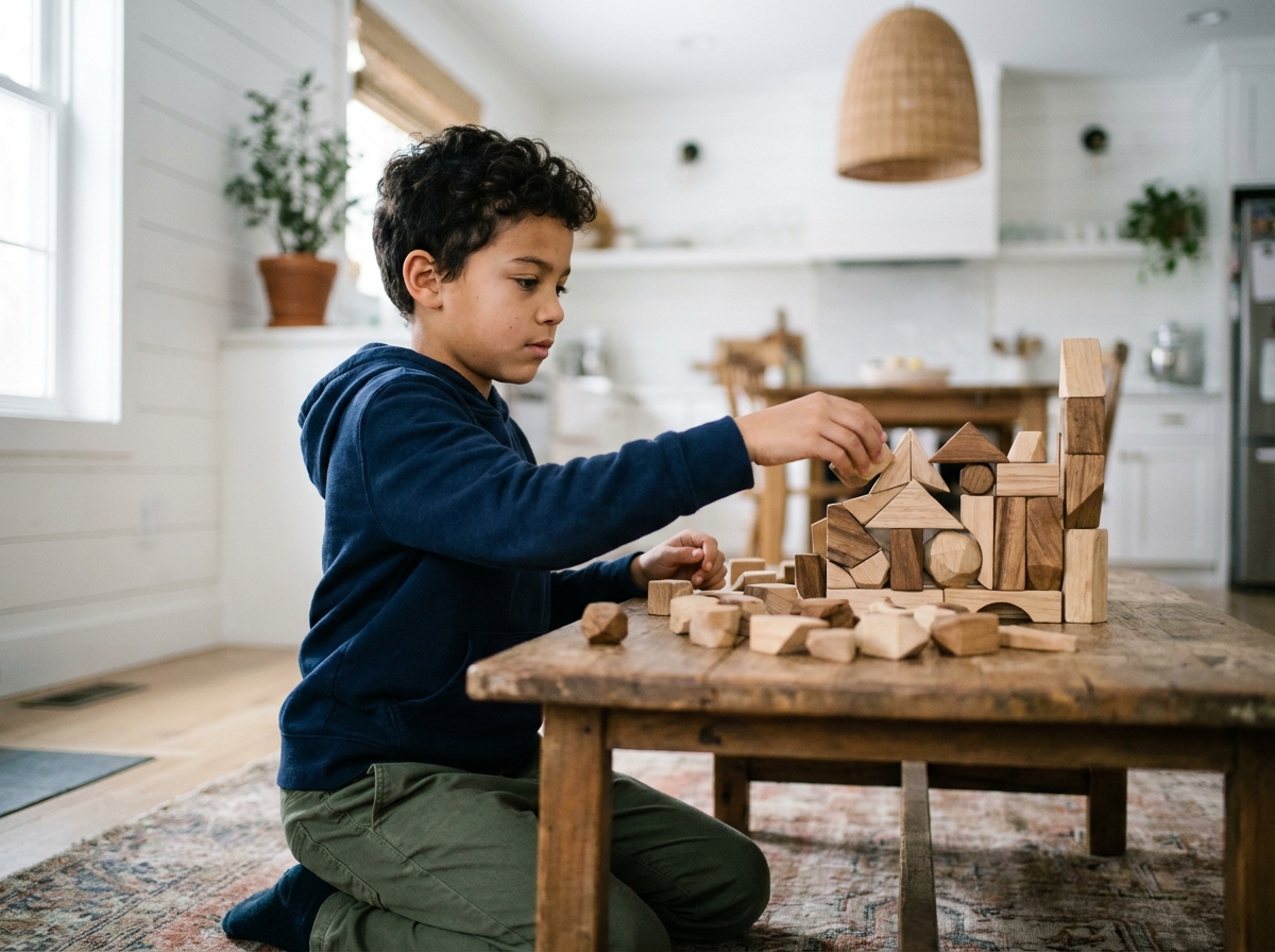 Garçon assemblant une tour de blocs en bois géométriques sur une table basse dans une cuisine moderne