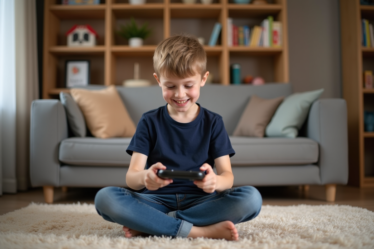 Garçon de 7 ans jouant avec console dans un salon chaleureux